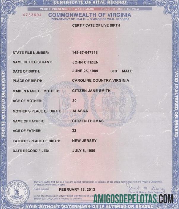 Certidão de nascimento nos EUA na Virgínia exemplo real